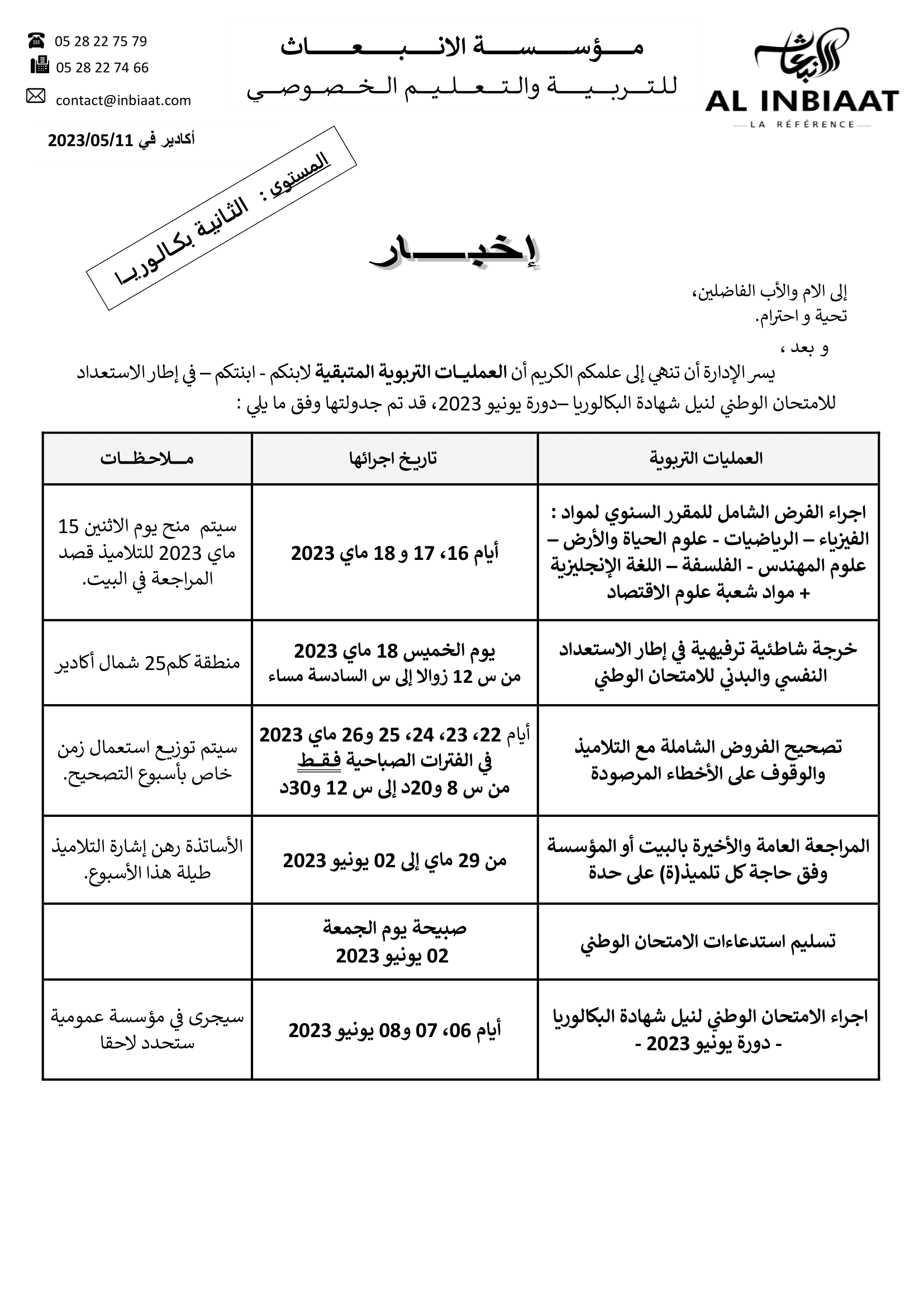 العمليات المتبقية للثانية بكالوريا